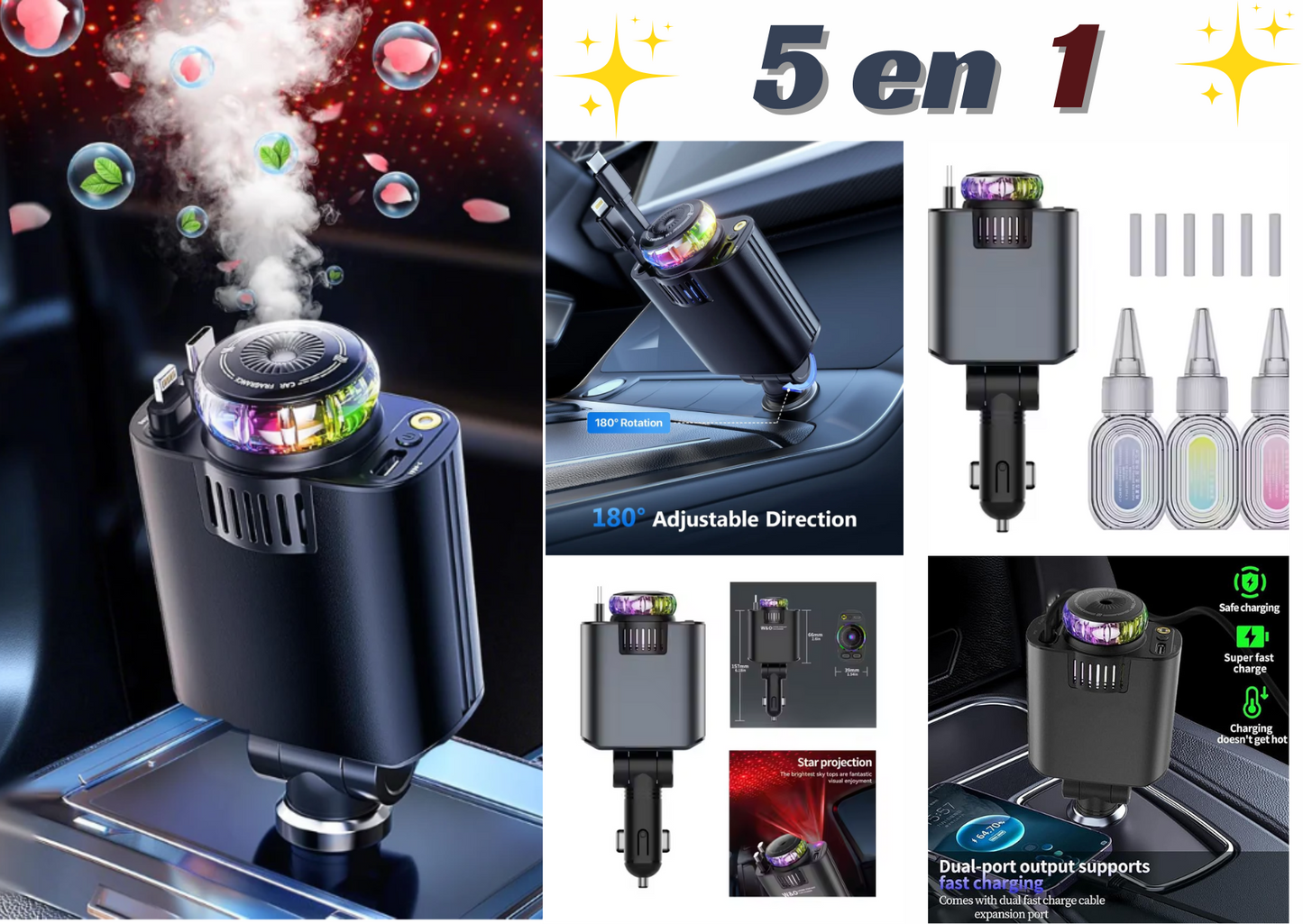 Chargeur de Voiture Rétractable  5 en 1 avec Diffuseur de parfum & Projecteur Ciel Étoilé